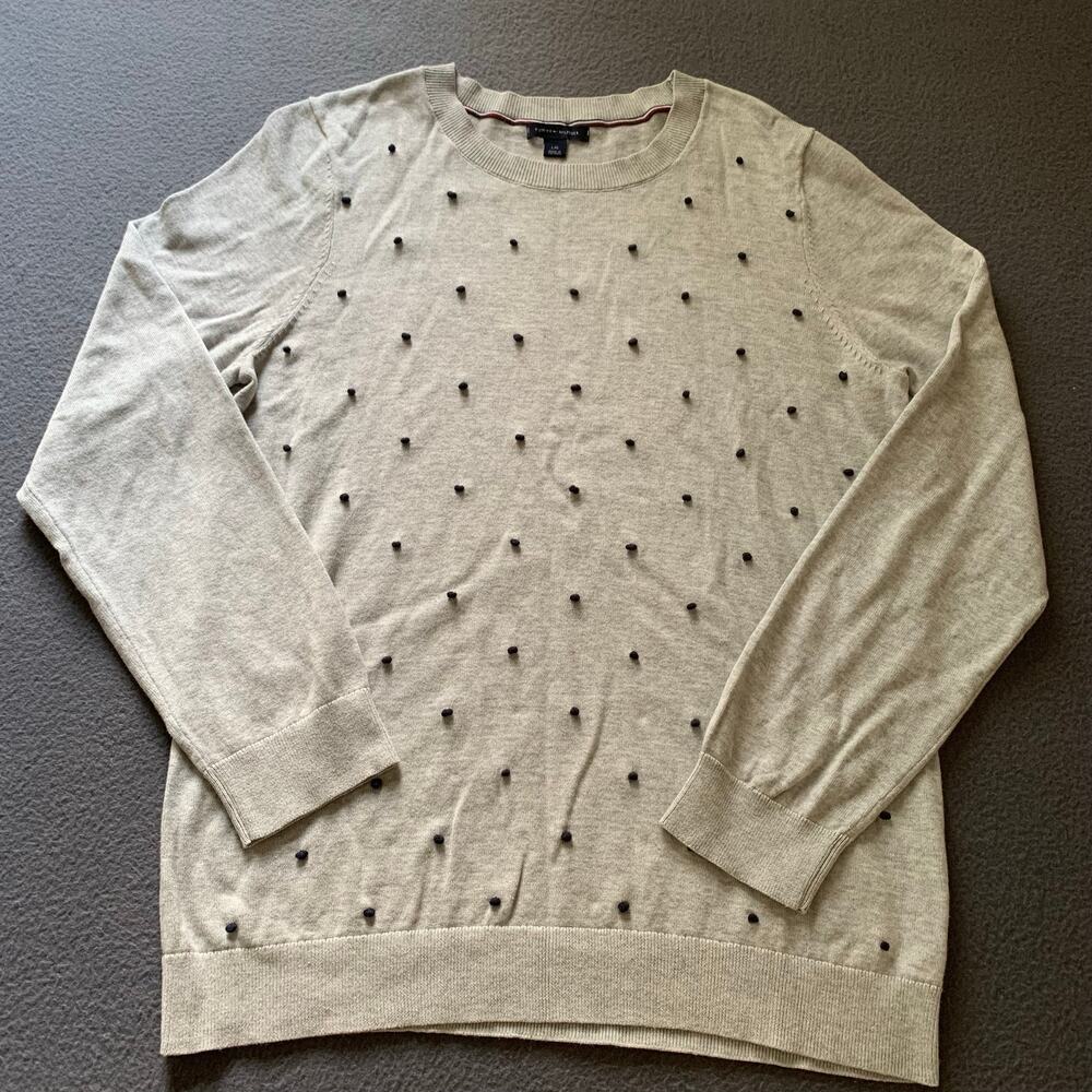 Tommy Hilfiger Lightweight Gray & Blue Pom Pom Embellished Crew Neck Sweater Lg